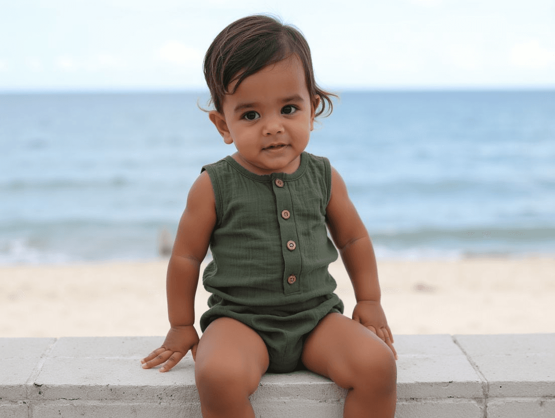 Baby in a green muslin onesie outdoors