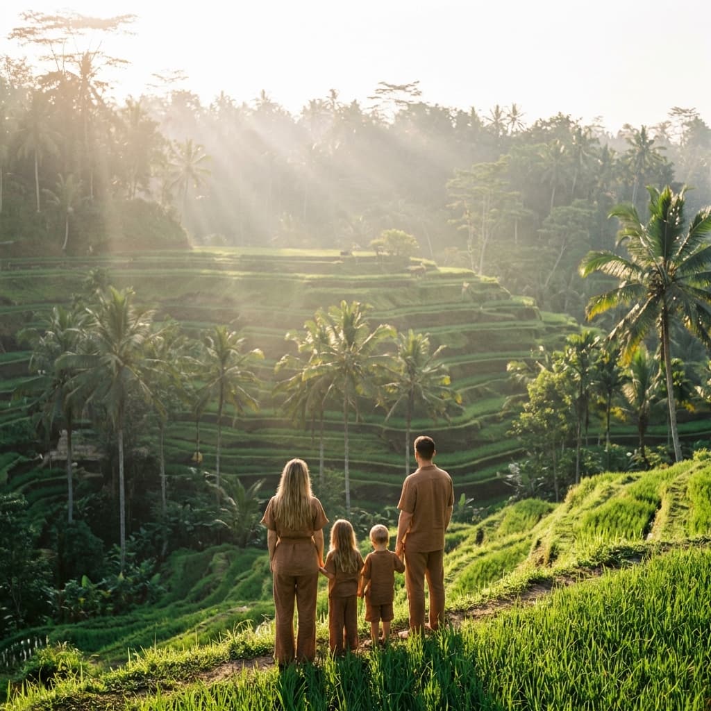 Beautifully dressed family at Bali rice terraces