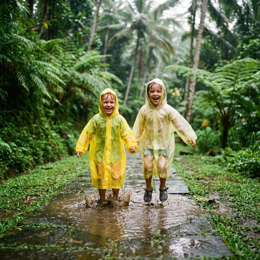 Kids jumping in puddles in Bali rain