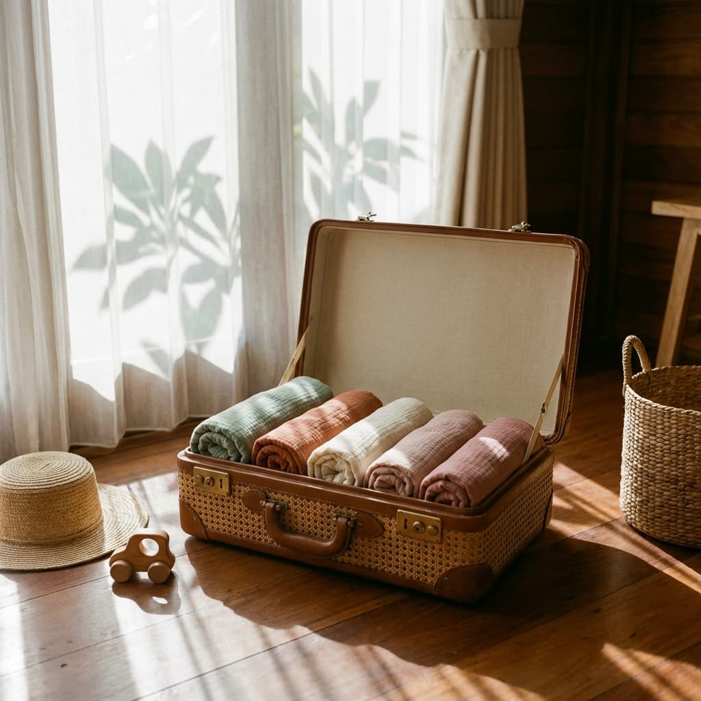 Family walking through Bali airport with minimal luggage